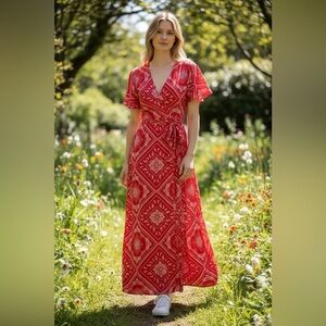 Forever 21 Bandana maxi Faux Wrap dress/side slit-V Neck-Size Small